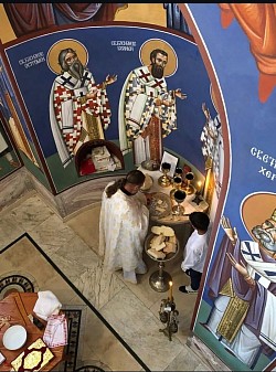 свештеник петар лазић износи свети путир за причешће верника